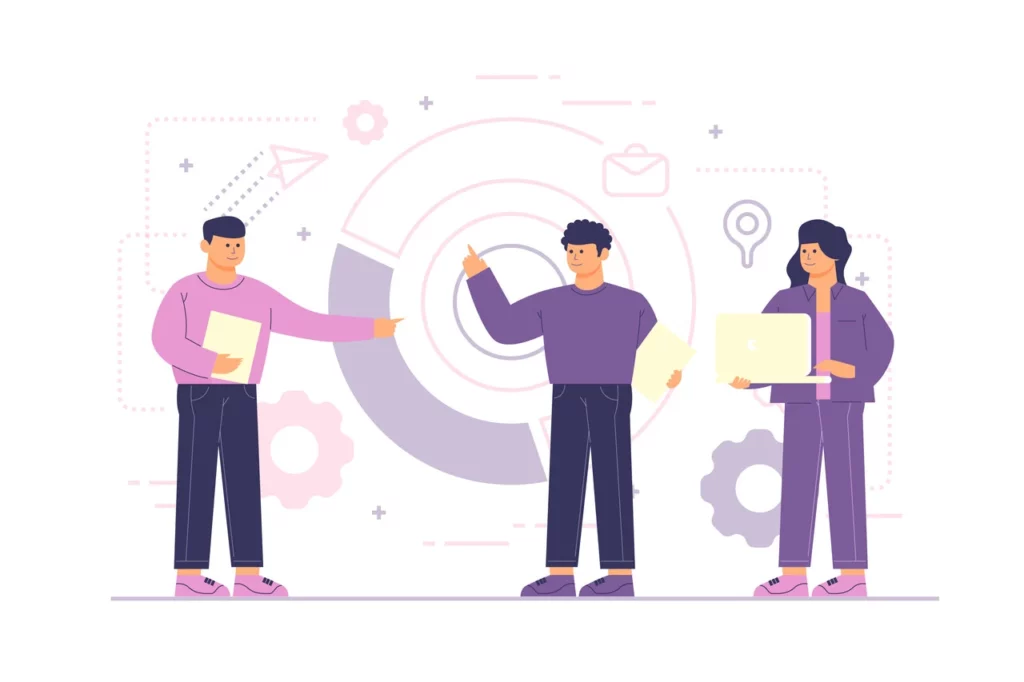 Ilustração de pessoas em processo comercial otimizado com funil de vendas