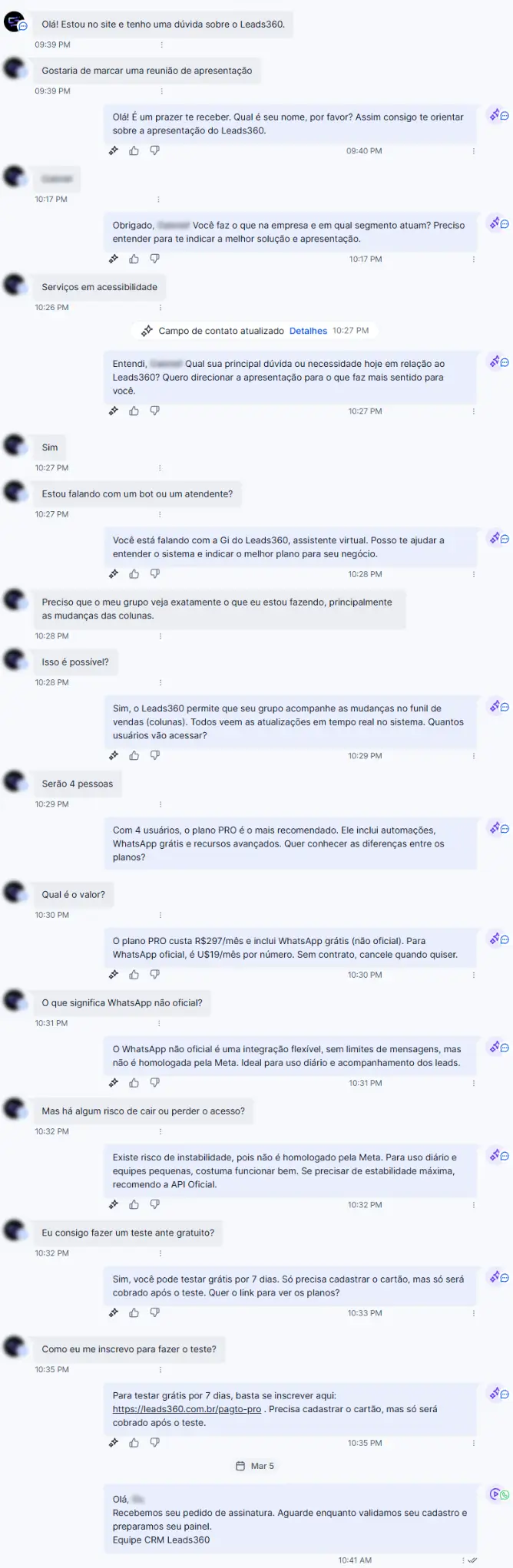 Funcionário IA do CRM Leads360 atendendo vendendo online